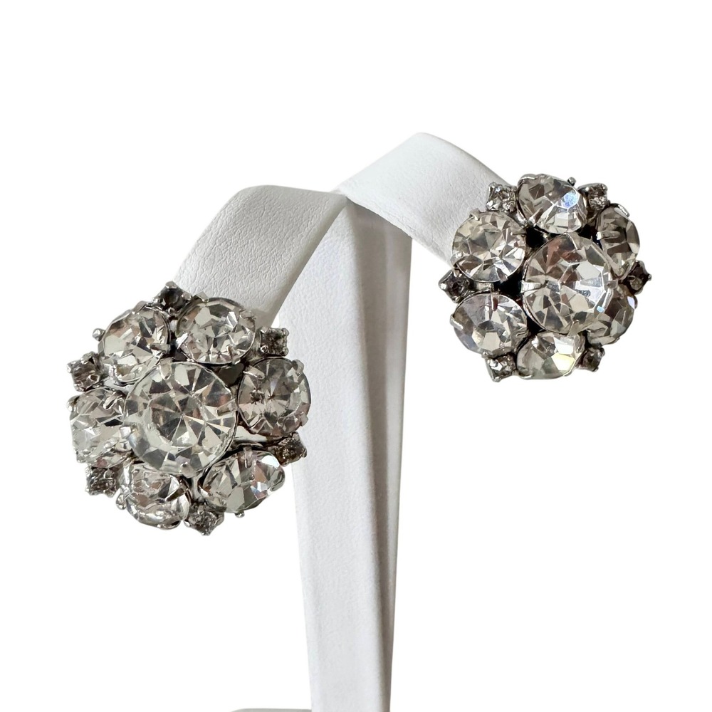 Vintage Round Diamante Rhinestone Statement Earrings Cluster Glam Sparkly Glitz - Picture 7 of 11